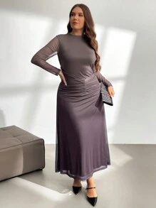 SHEIN Privé فستان كافتان مطبوع غرادياني للنساء كبيرات الحجم، بني اللون، مناسب للحفلات والعشاء - متعدد الألوان - مشاهدة 5