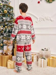 SHEIN Tween Boy Christmas Snowflake Pattern Crew Neck Long Sleeve Soft Flannel Pajama Set With Pants, 2 Pieces Family Matching Outfits (6 Sets Sold Separately)