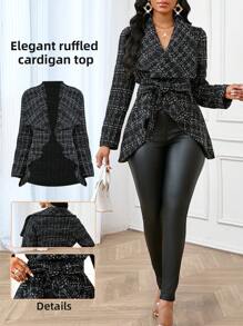 SHEIN Lady Áo khoác thời trang ve áo kẻ caro cho nữ, phù hợp cho mùa thu/đông - màu đen - Xem 1