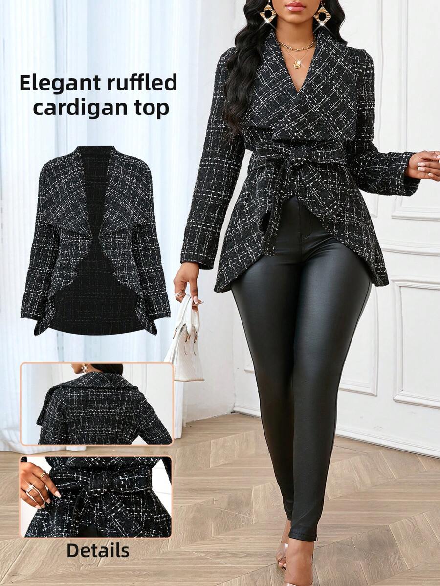 SHEIN Lady Áo khoác thời trang ve áo kẻ caro cho nữ, phù hợp cho mùa thu/đông - màu đen - Xem 1