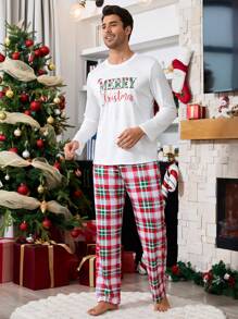 圣诞节男士圣诞字母印花长袖上衣和格子长裤睡衣套装