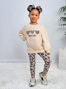 SHEIN Leap Crew Bộ quần áo chui đầu cổ tròn dệt kim kiểu đô thị thanh lịch của NovaGlow Young Girl và quần họa tiết da báo, Nova Glow Young Girl - Màu be - Xem 5