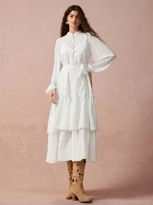 Enchnt Women's Elegant White Summer Graduation A-Line Dress,Solid Color Embroidered Front Button Long Sleeve Ruched Casual Fall Winter Christmas Clothing - White - View 4