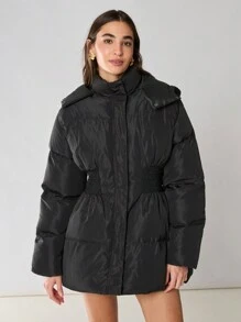 Enchnt Abrigo casual con capucha con cremallera y acolchado de unicolor para mujer, para invierno