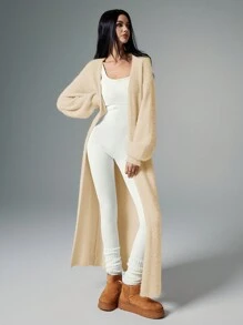 Poéselle 女士休闲纯色蓬松针织蝙蝠开衫，超大超长款 - 黃色 - 查看 7