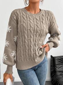Calvaya European & American Autumn/Winter 3D Embroidered Flower & Twist Rope Decor Loose Casual Pullover Sweater