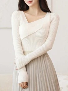 DAZY 1 pièce Pull tricoté ajusté asymétrique de couleur unie décontracté pour femmes, vêtements d'automne