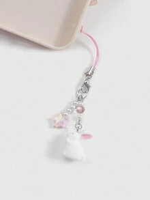 ROMWE Kawaii 2 件可爱卡哇伊甜美女孩高品质人造珍珠粉红丝带蝴蝶结白色 3D 植绒兔子手机吊坠钥匙扣包饰，适合姐妹、女朋友、朋友、女士、日常佩戴、节日礼物 - 白色 - 查看 3