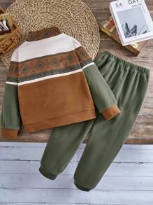 2 件套 Tween Boy 复古图案印花拼布撞色拉链立领长袖上衣和纯色抽绳裤套装 - 彩色 - 查看 2