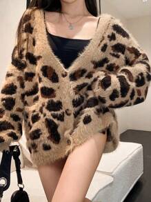 DAZY Women's Oversized Leopard Print V-Neck Cardigan, Autumn/Winter,Long Sleeve Tops,Fall Women Clothes - Khaki - View 8