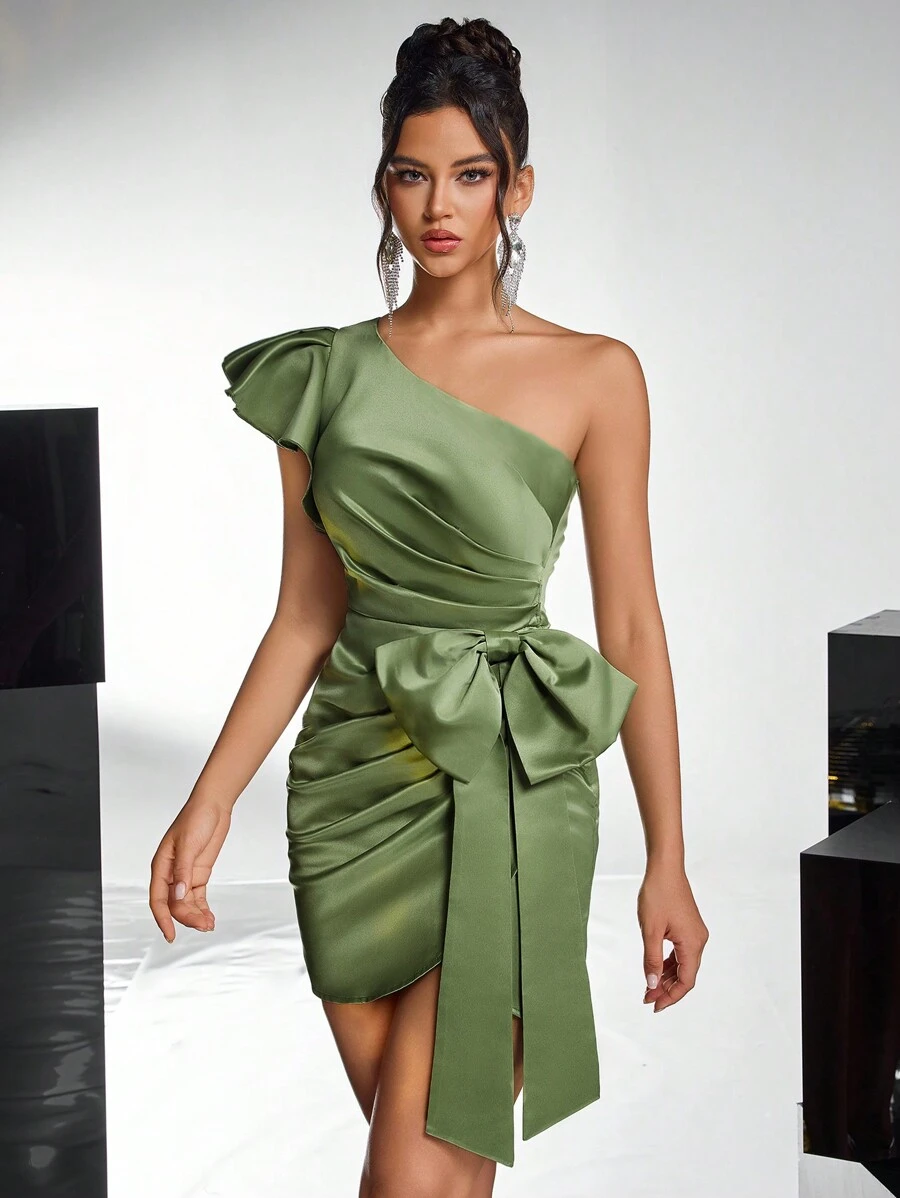 Glamrae Elegant Green Asymmetrical Neck Ruffle-Bust Pleated Side Bow Split Hem Fitted Party Dress, Suitable For Dates, Singles Parties, Weddings, Events, Cocktail Semi Formal Prom Dress, For Birthday, Wedding Guest, Graduation, Dinner, Homecoming