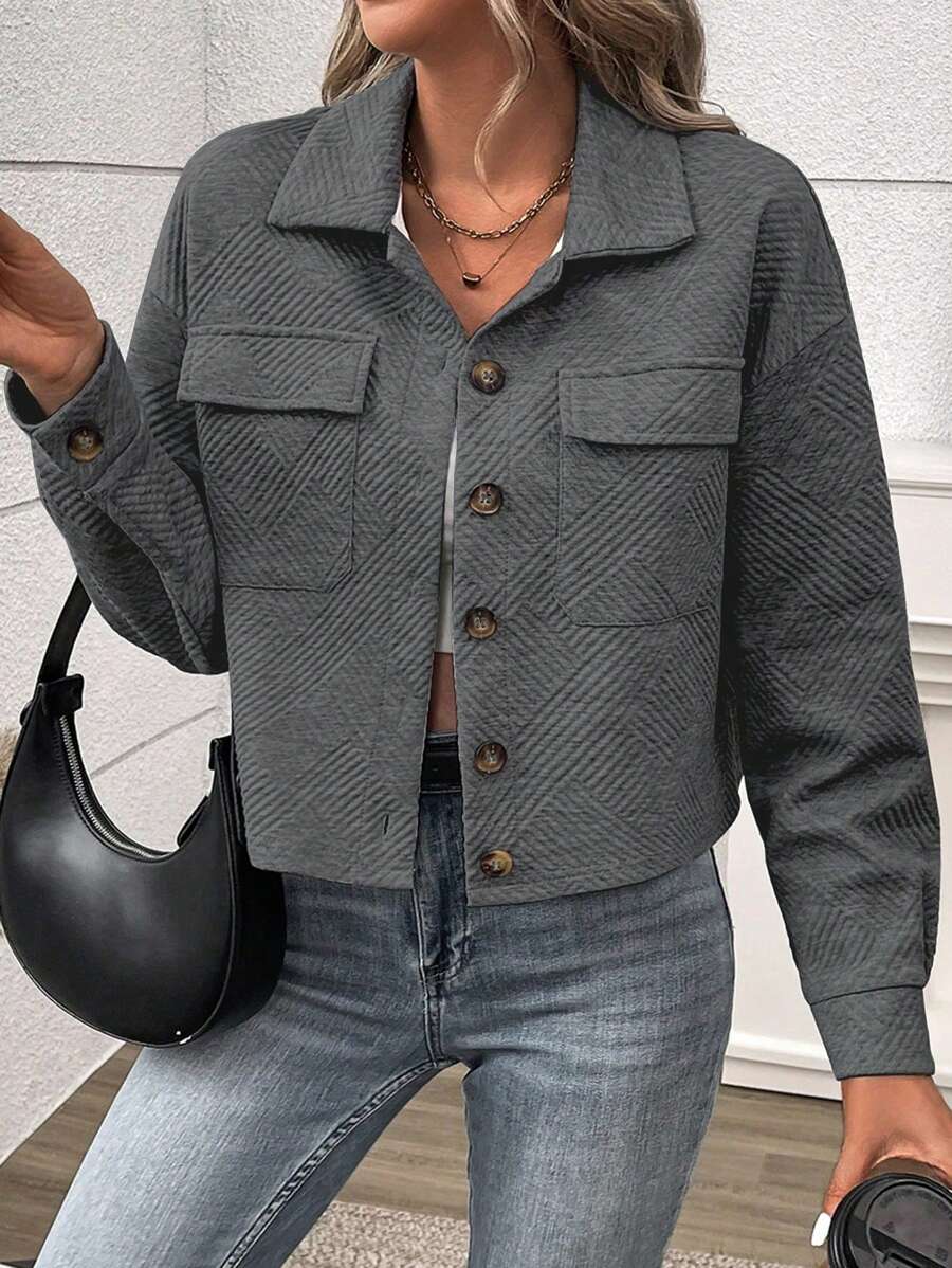 SHEIN LUNE Áo khoác nữ tay dài hở vai đơn hàng ngày, mùa thu - Màu xám đen - Xem 1