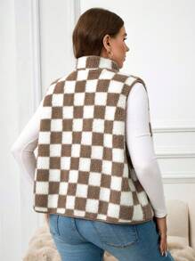 SHEIN LUNE 大码格子前拉链无袖夹克，休闲日常穿着冬季服装度假装