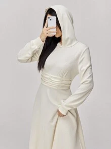 Seusyu Women's Solid Color Long Sleeve Ruched Waist Long Casual Hooded Sweatshirt Dress, Autumn Pullover Fall Outfit - Apricot - View 4