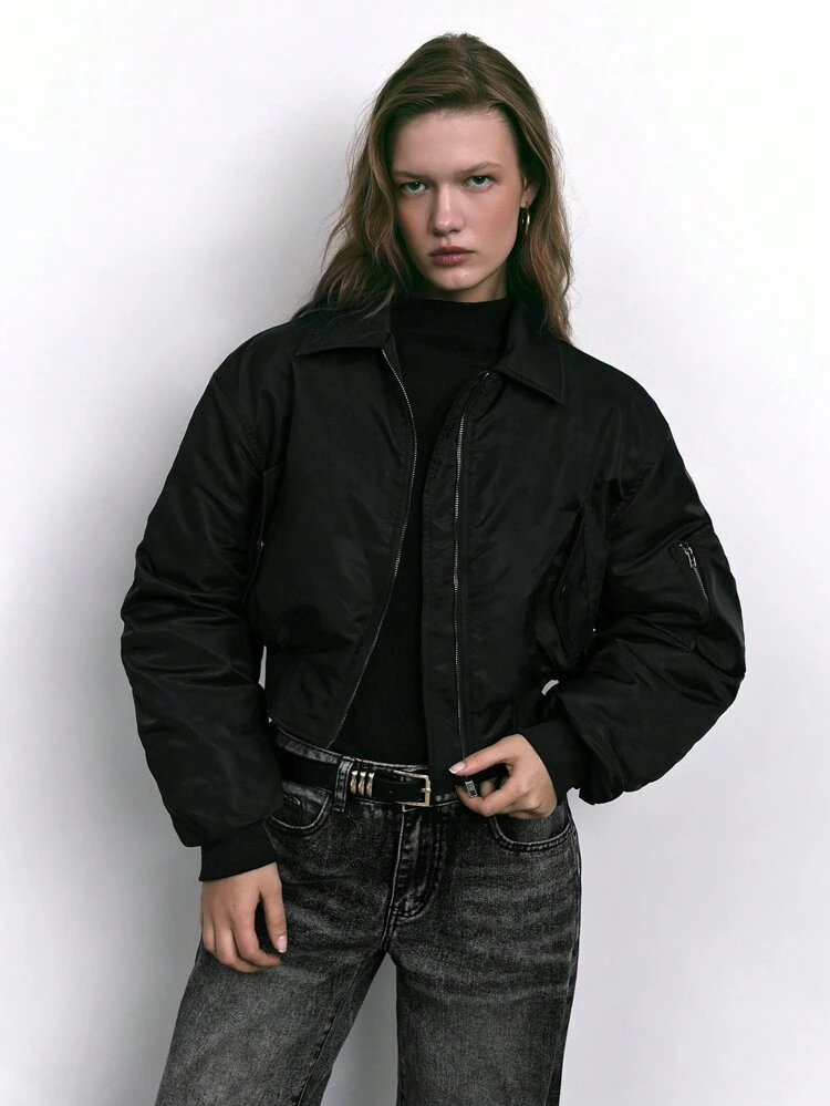 SHEIN Maija 1pc Women's Black Front Zipper Pocket Solid Sleeve Pleat Decor Long Sleeve Simple Casual Jacket, Autumn/Winter