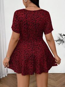 SHEIN EZwear 情人节，大码女式豹纹圆领短袖 A 字形荷叶边下摆针织连体裤，休闲运动，适合学校、健身、瑜伽、日常穿着、秋冬/夏季 - 紅色 - 查看 5