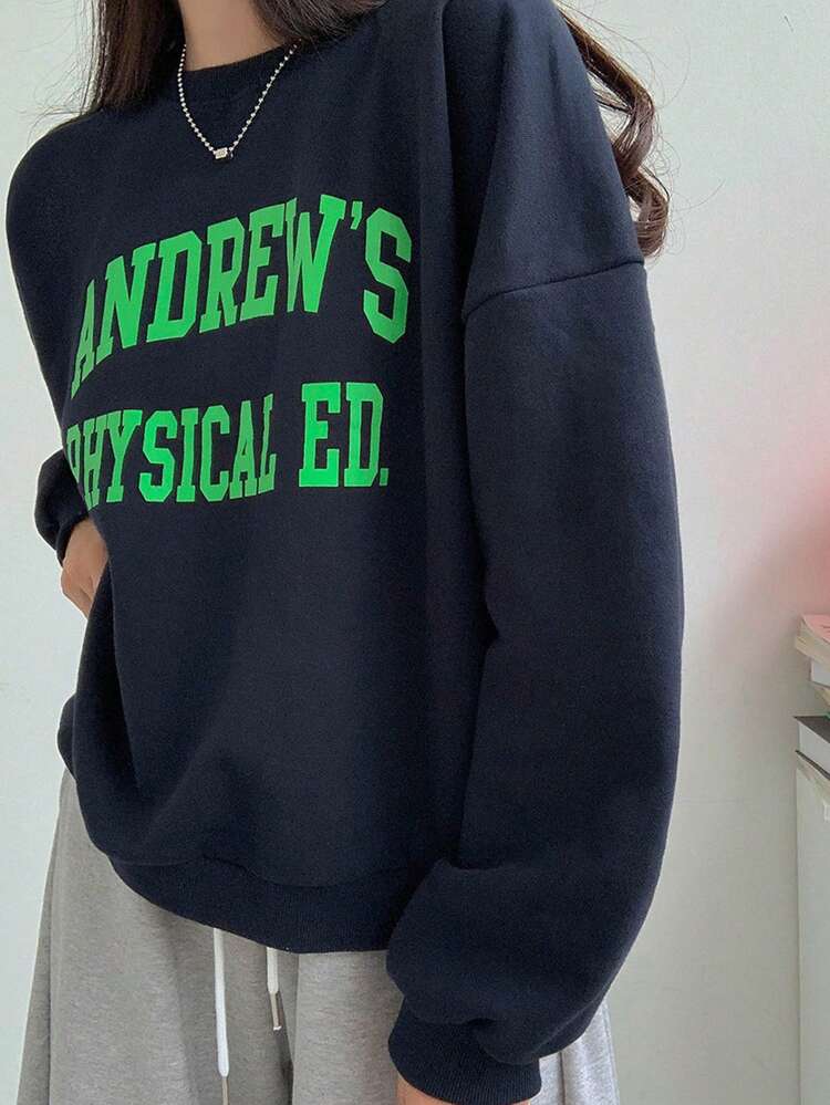 Women Loose Pullover Sweatshirt With Letter Print