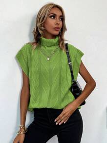 Chiquease Women's Solid Color Turtleneck Short Sleeve Minimalist Knit Top, Casual Everyday Wear - Green - View 7