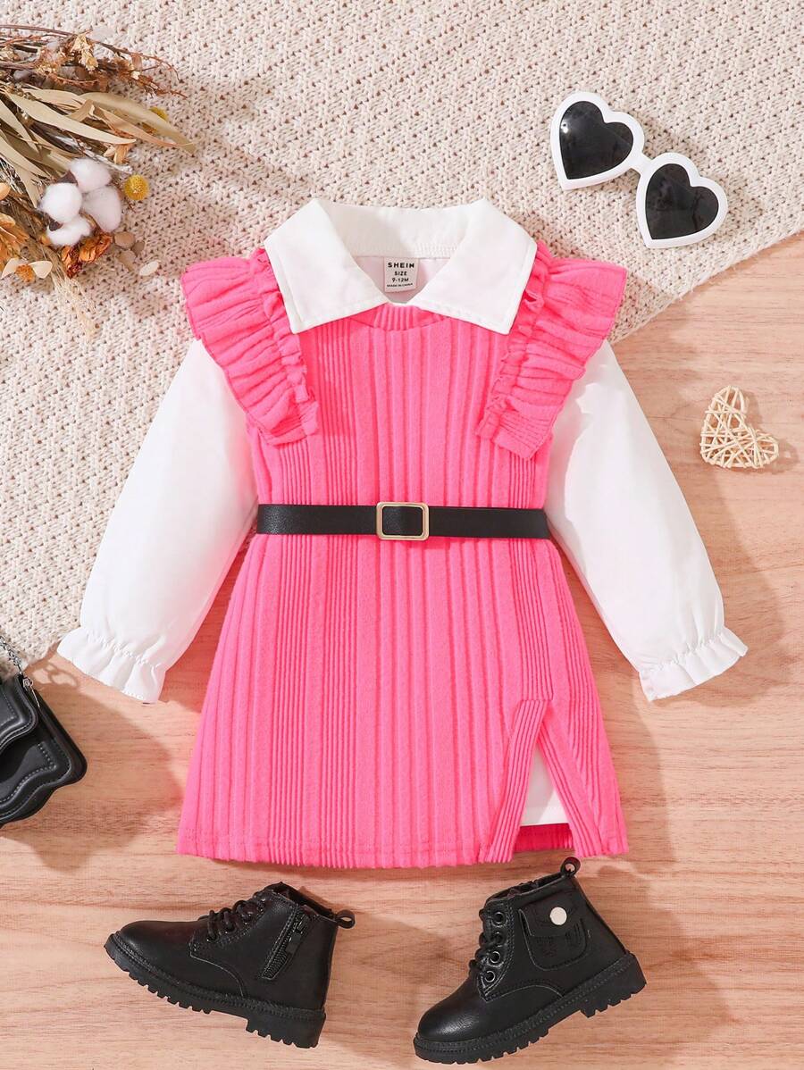 SHEIN 3 件套女婴休闲复古优雅翻领上衣 + 连衣裙 + 腰带，适合外出，套装 - 玫紅色 - 查看 1