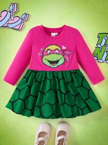 TEENAGE MUTANT NINJA TURTLES | SHEIN Baby Girl Casual Cartoon Print Flare Hem Dress, Suitable For Winter And Autumn, For Christmas And Baby Shower Autumn And Winter - Pink - View 1