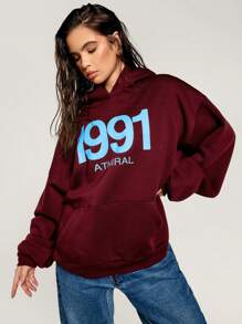 Athîral 女士勃艮第色字母印花落肩长袖宽松休闲连帽衫，适合秋季保暖寒冷天气保暖套头衫 - 酒紅色 - 查看 3