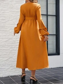 SHEIN Maternity Casual Solid Color Lantern Sleeve Dress, Autumn Fall Clothes - Burnt Orange - View 2