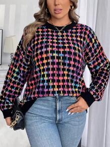 Calvaya Oversize Lässiger karierter Strickpullover, für Frühling und Herbst, für Winter und Herbst - Schwarz - Übersicht 4