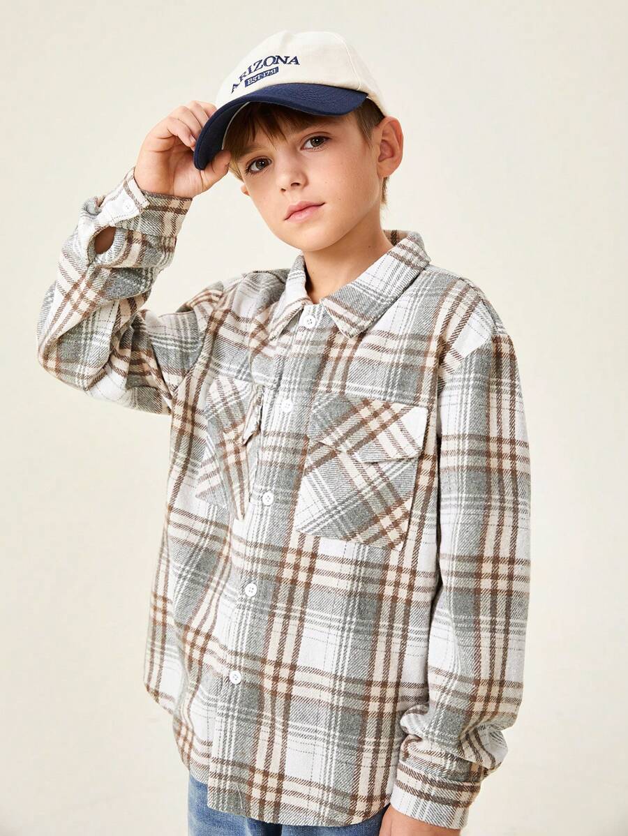 SHEIN 青少年男孩休闲加厚格子纽扣衬衫，美式风格 - 灰色 - 查看 1