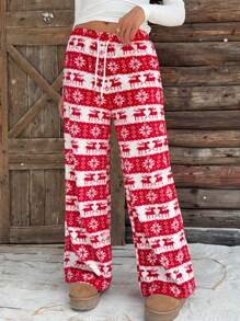 SHEIN EZwear Women's Front Tie Warm Christmas Fleece Pants, Casual Daily Wear, Autumn/Winter