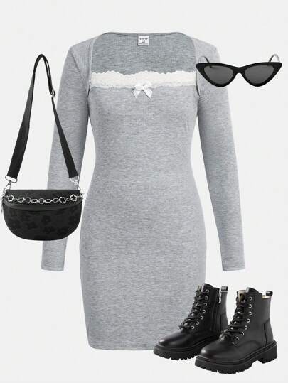 Tween Girl Casual Simple Comfortable Square Collar Contrast Lace Bow Decor Dress