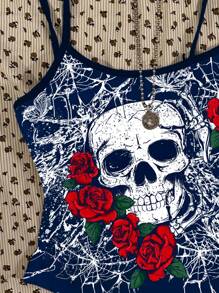 Attitoon Camiseta negra ajustada y sexy con estampado de cráneo de rosa para mujer, para usar en verano