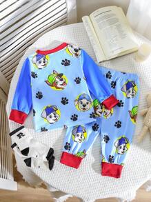 SHEIN Playful Pals Baby Boy Cartoon Puppy Print Colorblock Rib Crew Neck Long Sleeve T-Shirt And Pants Casual Outfit, Spring Autumn - Multicolor - View 3
