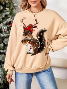 SHEIN Essnce Christmas Squirrel Light Shirt, Christmas Sweatshirt, Fun Christmas Sweatshirt, Christmas Gift Shirt, Family Christmas Shirt,Christmas Casual Minimalist Graphic Printed Crew Neck Loose Fit Women Sweatshirt, Autumn/Winter - Apricot - View 4