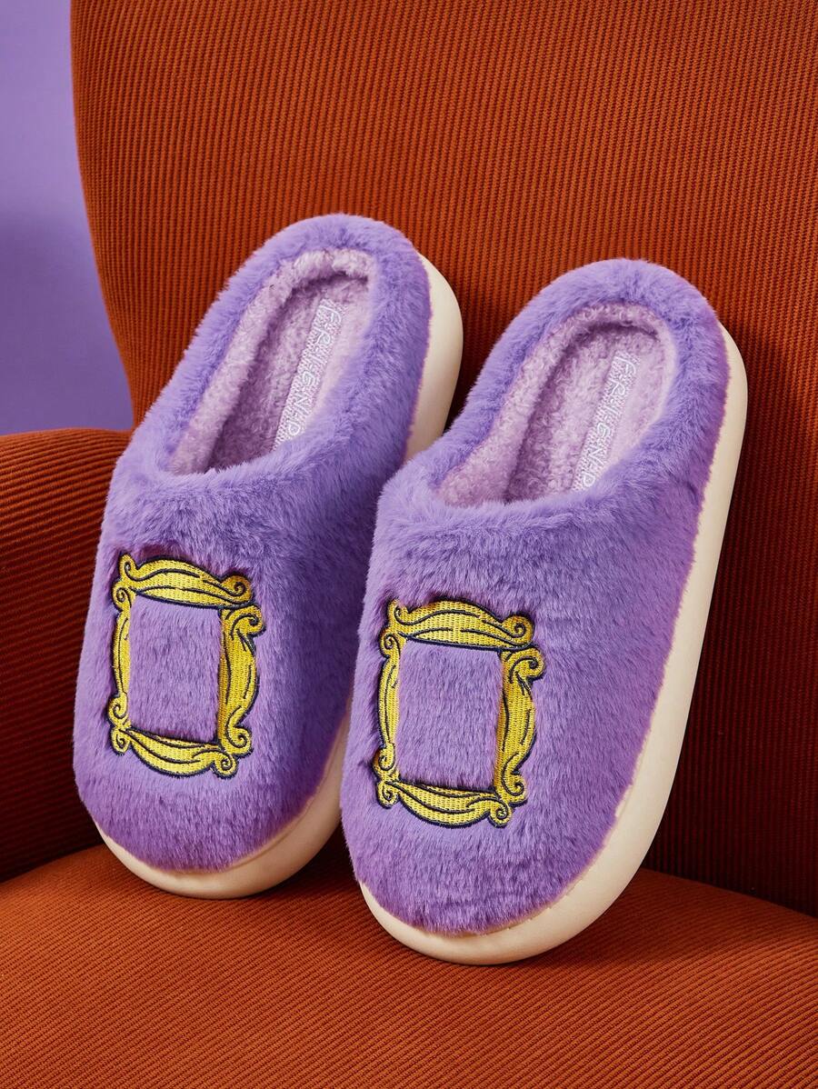 FRIENDS X SHEIN 女士刺绣柔软绒毛家居拖鞋，礼品，冬季 - 紫色 - 查看 1