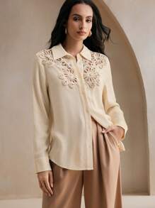 Anewsta 秋季杏色翻领长袖珍珠花卉蕾丝拼布镂空优雅衬衫女式衬衫 - 杏色 - 查看 6