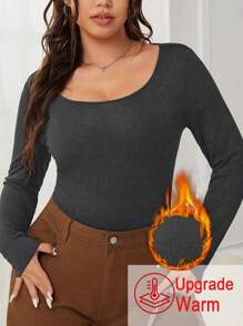 SHEIN EZwear Plus Size Vrouwen Dik Warm Rekbaar Fluwelen Gevoerd Strak Fit T-shirt, Herfst/Winter Thermisch