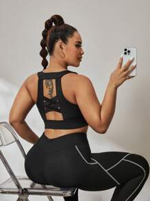 Easithlete 3pcs/Set Contrast Color Yarn Legging, Jacquard Fabric Top, Cross Front Sports Bra, Plus Size