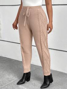 SHEIN LUNE Pantalones de punto con patrón floral de talla grande con pliegue en la cintura