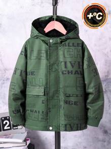 SHEIN Tween Boy Thick Winter Windproof Printed Jacket - Army Green - View 8