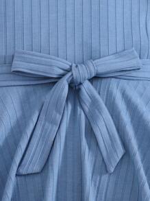 2 piezas Conjunto casual de top de cuello redondo y pantalones entallados de punto sólido para niñas jóvenes - Azul - Ver 7
