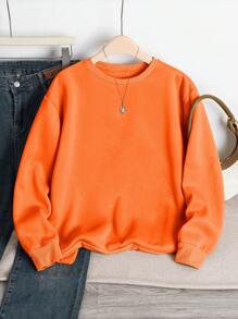 SHEIN EZwear 大码纯色圆领长袖简约运动衫，休闲日常穿着 - 橘色 - 查看 5