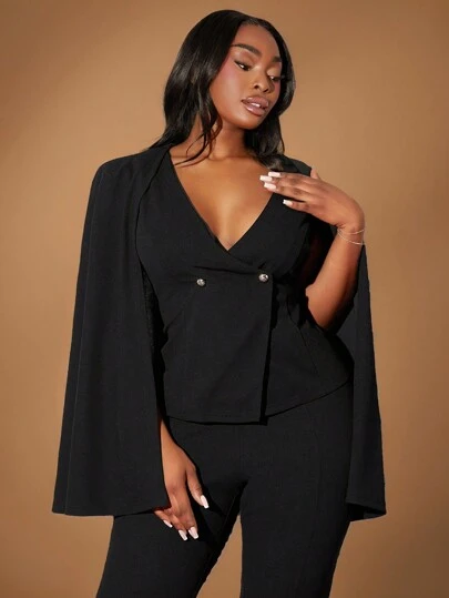 SHEIN SXY Plus Size Women Double Breasted Cape Blazer With Metal Button Decor, Suitable For Fall & Winter, Business, Date Night, Birthday, Bachelorette Party, Casual, Shopping, Streetwear, Going Out, Easy To Match & Looks Slim, Accents Your Body, Flatters The Figure