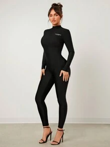 SHEIN SXY Fall Women Clothes;Sexy Women Casual Dating Black High Stretch Knit Long Sleeve Medium High Neckline Long Base Skinny Romper - Black - View 4