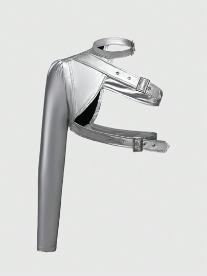 Grunge Punk جاكيت جلد مزيف للنساء من اللون الفضي ذات أشرطة كتف قابلة للتعديل، قصيرة، ذات حاشية غير متماثلة وأكمام طويلة، ذات لون أحادي