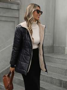 Aveloria Modichic 简约格子绗缝连帽拉链加厚棉服冬季休闲百搭 - 黑色 - 查看 7