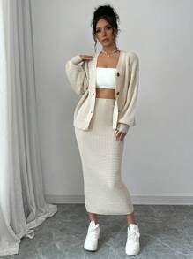 Elenzga 2pcs Set Casual Solid Color Lantern Sleeve Cardigan And Skirt, Autumn/Winter