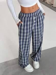 Flirla Women's Fashionable Loose Plaid Straight Leg Pants, Casual Wear