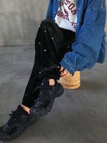 FRIFUL Women's Casual Elastic Waist Faux Pearl Decor Loose Flannelette Ankle Tied Sweatpants