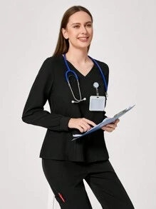TaskEZ V-Neck Long-Sleeved Health Check Surgical Gown Scrub Uniform Sets For Women Solid Color Pet Grooming Work Scrub Uniform Set Nutritionist Work Clothes Short-Sleeved Laboratory Work Clothes Women's Two-Piece Suit, Multi-Pocket Functional Work Clothes, Top Collar With Buttons For Easy On And Off, Bottom Elastic Belt For Easy On And Off