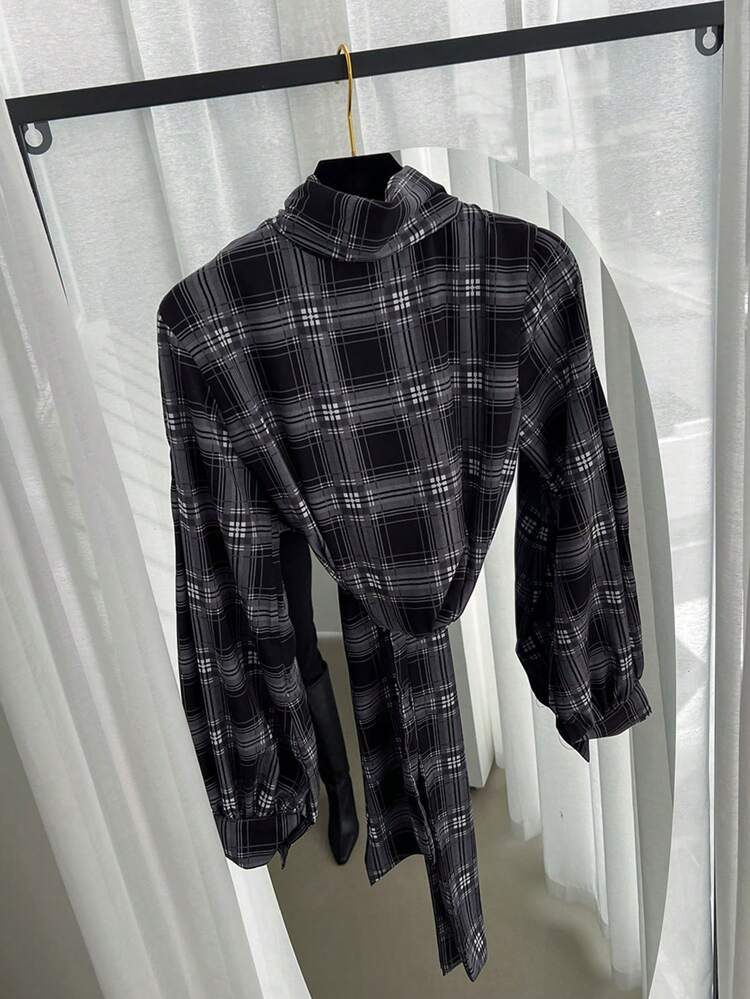 Women's Plaid Print Ribbon Tie Loose Blouse,Fall Clothes,Flannels Women Long Sleeve Top